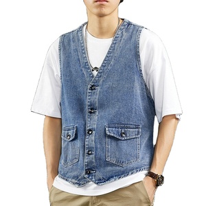 เสื้อกั๊กยีนส์คอวีลำลองสำหรับผู้ชาย, เสื้อแจ็คเก็ตแขนกุดพร้อมกระเป๋ามีกระดุม100% คอตตอนระบายอากาศใช้งานกลางแจ้ง - Product Image 2