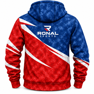 Sweat-shirt à capuche pour homme RONAL SPORTS, impression par sublimation, couleurs contrastées rouge et bleu, design sportif, respirant, coupe classique, vêtements d'automne - Product Image 2