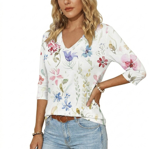 Camiseta de Mujer con Estampado Floral Personalizado, Cuello en V, Manga Tres Cuartos, Corte Ajustado, Estética Femenina, Fabricante - Product Image 5