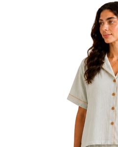 Ensemble de pyjama pour femme personnalisé en vert sauge clair, manches courtes, boutonné, vêtements de nuit, broderie florale, doux, respirant, pour l'été - Product Image 3