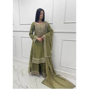 Conjunto de traje de fiesta de diseñador para mujer con hilo y trabajo de secuencia Ropa de noche elegante - Product Image 1