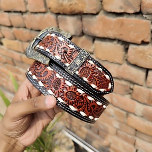 Nuevo cinturón de vaquero tallado a mano completo de estilo occidental Vaquero Cinto con hebilla antigua de latón blanco Fabricante Mayorista - Product Image 6