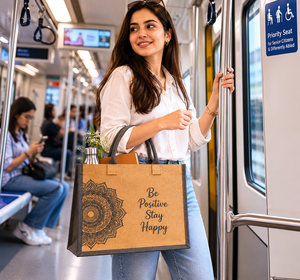 Bolso Tote Grande de Yute Estilo Boho con Estampado Mandala 'Be Positive Stay Happy', para Compras Diarias, con Asa Larga - Product Image 1