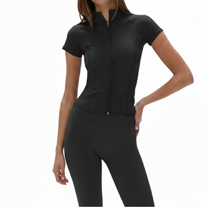 Conjunto de yoga personalizado para mujer con chaqueta con cremallera, leggings de cintura alta, ropa deportiva de dos piezas para mujer - Product Image 1