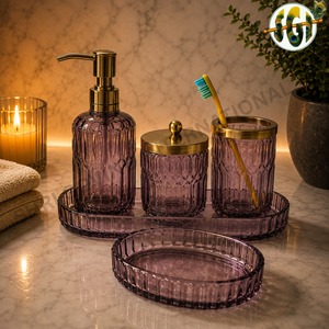 <b>Green</b> Ribbed Glass Silk Screen Personal Care Bathroom Accessories Set Lotion <b>Pump</b> Jar Toothbrush Cup Tray Decorative Countertop - Product Image 5