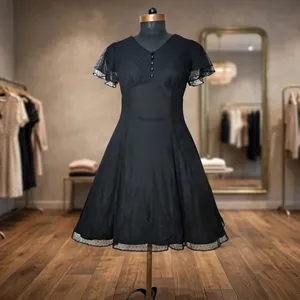 Robe d'été décontractée noire à col en V, mini, coupe trapèze, à manches courtes, pour femme - Product Image 1