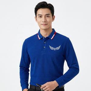 เสื้อโปโลแขนยาวสีน้ำเงินสำหรับผู้ชาย ปักโลโก้ ผ้าฝ้ายอ๊อกซ์ฟอร์ด ระบายอากาศได้ดี ทรงปกติ ดีไซน์ด้านหน้า - Product Image 6