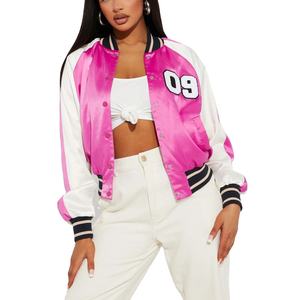 Luxury Womens Satin Silk Varsity Jacket Embroidered Letterman Jacket Custom Private Label OEM Fashion Outerwear - Product Image 5