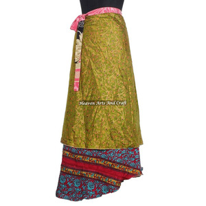 Falda Larga Cruzada de Seda Virgen Marrón con Ribete a Cuadros, Reversible de 2 Capas, Estilo Sari Mágico, Elegante y Versátil - Product Image 5