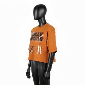 T-shirt court pour femme en jersey de coton 180 GSM, toucher doux, couleur orange rouille, logo thermocollé, respirant - Product Image 4