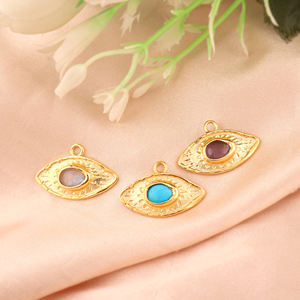 Conector de joyería en forma de ojo de latón macizo martillado chapado en oro de 18K, engaste único para piedra preciosa de piedra lunar blanca de 6x8mm, componentes de 14mm - Product Image 3