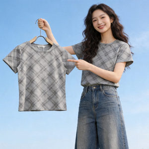 Haut court noir à col rond et manches courtes pour femme, tricoté, coupe ample, épaules tombantes, couleur unie, 100 % coton respirant, plissé - Product Image 1