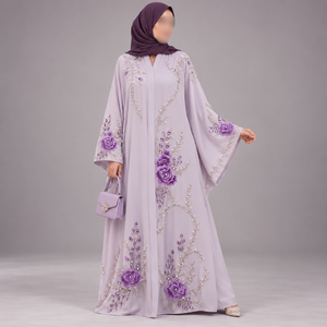 Abaya Lavanda Encantadora con Bordado Floral y Mangas Largas |   Vestido Kaftán Maxi Musulmán Modesto para Ocasiones Especiales y Uso Diario - Product Image 1