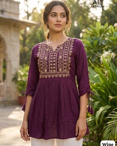 <b>Indian</b> Traditional Wear Wine Heavy Rayon Short Kurtis Traditional Embroidered Loose Fit Midi <b>Top</b> Casual <b>Indian</b> Pakistani Style - Product Image 1