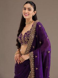 <b>Purple</b> Satin Silk <b>Saree</b> Embroidered Blouse Cutwork Border Traditional Indian Dress for Wedding Party Festive Wear - Product Image 4