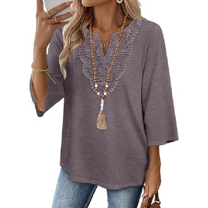 Blusa bohemia con cuello en V para mujer, blusa bordada con manga tres cuartos, Top de algodón holgado, ropa informal para primavera y verano - Product Image 3