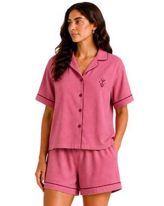 Customized Rose Pink Women Pajama Set Short Sleeve Button Down Nightwear Soft Breathable Summer Sleepwear Casual Lounge Set - Product Image 1