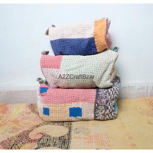 Kantha Quilted Eco-Friendly Waterproof Vintage Cosmetic Organizer Makeup <b>Pouches</b> Durable Zipper Tassel Soft Handle Cotton Fabric - Product Image 1