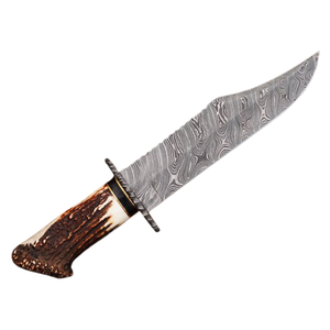 Silver Damascus Pattern Hunting Bowie Knife with Brown Antler Style Handle Fixed Blade <b>Outdoor</b> Camping Survival Knife with Metal - Product Image 1