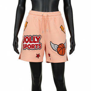 Shorts de bain pour femmes en coton et polyester, couleur pêche, avec patch graphique en chenille brodé, logo personnalisé. - Product Image 4