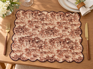 Mantel individual de algodón y lino premium con estampado Toile marrón vintage y borde festoneado |   Elegante Mantel Decorativo para Mesa de Comedor - Product Image 3