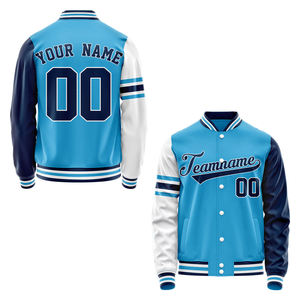 Chaqueta de Béisbol Personalizada Unisex para Adultos, de Poliéster, Azul, Blanco y Marino, con Mangas a Rayas y Botones, Ropa Deportiva - Product Image 3