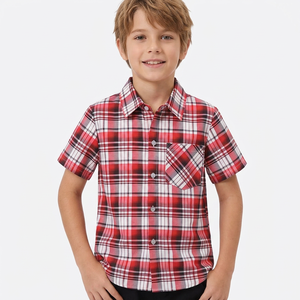 Chemise à manches courtes à carreaux pour garçons, col rabattu décontracté, poche, coupe classique, tissu tissé, séchage rapide, anti-rétrécissement, 100% coton - Product Image 2