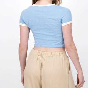 เสื้อยืดครอปท็อปแขนสั้นคอกลมสำหรับผู้หญิง ผ้าฝ้าย 100% ระบายอากาศได้ดี เป็นมิตรกับสิ่งแวดล้อม เหมาะสำหรับใส่ลำลองในช่วงฤดูร้อน สำหรับการฝึกโยคะ - Product Image 2