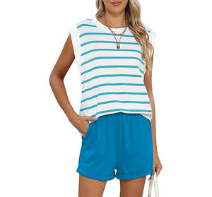 Conjunto Ligero para Mujer, Top de Manga Corta y Pantalones Cortos a Juego, Ropa de Verano para Estar en Casa, 100% Algodón Ecológico, Impermeable - Product Image 1