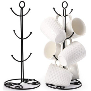 Support de tasses créatif en métal noir courbé et base en bois, organisateur de tasses, support de rangement durable, accessoire de cuisine, présentoir - Product Image 3