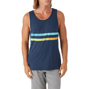 Men's <b>Navy</b> Blue Striped Breathable 100% Polyester Embroidery Gym Casual Knitted O-Neck Tank <b>Top</b> Sleeveless - Product Image 2