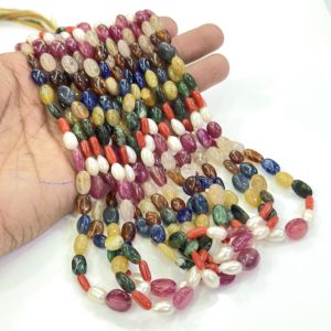 AAA Nine Precious Gemstone Emerald Sapphire Ruby Coral Pearl <b>Garnet</b> Beads Natural Navratan Smooth Oval 5x7mm Beads 16inch Strand - Product Image 4