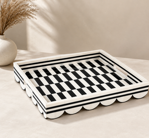 Nouveau plateau décoratif rectangulaire en os incrusté, motif géométrique bleu et blanc, style méditerranéen, avec poignée, design royal - Product Image 5