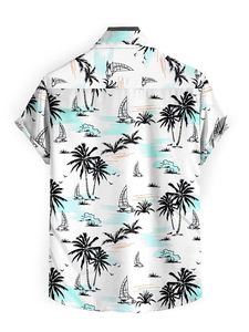 Camisa Hawaiana para Hombre, Manga Corta con Botones, Estampado de Palmeras y Veleros, Blanco y Verde Menta - Product Image 2