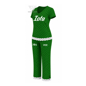 Vêtements personnalisés de la sororité grecque Iota Phi Lambda, ensemble de pyjama pour femmes à pois avec bordure en dentelle, ensemble de vêtements de nuit personnalisé en 2 pièces - Product Image 1