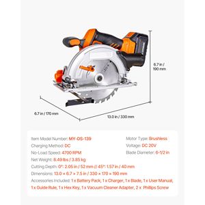Sega Circolare Senza Fili da 6-1/2 Pollici con Velocità di 4700 RPM, Capacità di Inclinazione 0-45 Gradi, Motore Brushless, Luce LED, Seghe Elettriche - Product Image 3