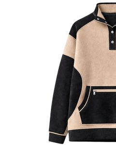 Sweat-shirt personnalisé beige et noir pour femme, en molleton, à capuche, coupe oversize, col montant à boutons-pression, décontracté d'hiver, avec poche zippée - Product Image 3