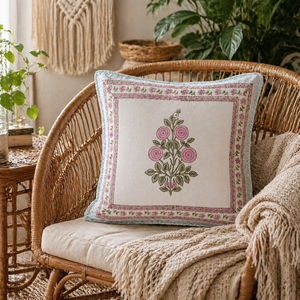 Handmade Pink Floral Cotton Cushion <b>Cover</b> Indian Block Print Decorative <b>Throw</b> Pillow <b>Cover</b> for <b>Sofa</b> and Couch - Product Image 2