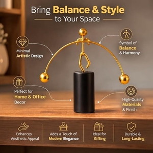 Figura Moderna Abstracta de Hombre Equilibrista en Dorado Metálico, Juguete Cinético de Péndulo para Mesa, Escultura con Base Cilíndrica Negra - Product Image 4