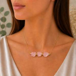 Rose Quartz Three Stone Necklace Gold Plated Raw Gemstone Chain Handmade Crystal Birthstone Jewelry Gift for Women <b>Wife</b> - Product Image 1