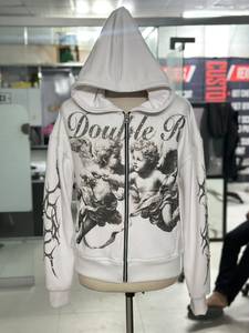 Nouveau sweat-shirt à capuche zippé unisexe décontracté en molleton 100 % coton, coupe oversize, manches ornées de strass, tricoté, écologique, style automne - Product Image 5
