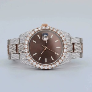 Reloj de Lujo Unisex con Incrustaciones de Diamantes, Acero Inoxidable, Cuarzo, Tono Oro Rosa, Esfera Marrón, Pantalla Analógica, 44mm, Cierre Desplegable - Product Image 1