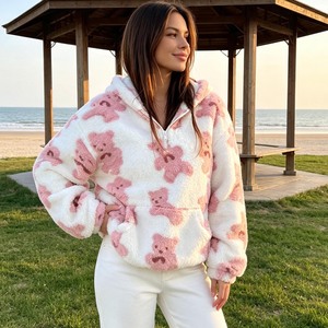 <b>Women's</b> Oversized Hooded Fleece <b>Sweatshirt</b> With Pink Bear Print Full Sleeve Pockets Winter Wear - Product Image 4