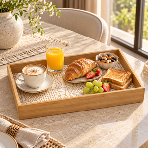 Modern Geometric Enamel Natural Wood Rectangular Serving <b>Tray</b> with Raised Edges for Wedding Table Decor & Display - Product Image 4