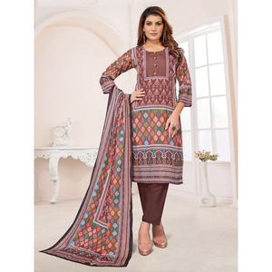 NUEVA LLEGADA MUSELINA IMPRESO SECUENCIA TRABAJO TOP INFERIOR CON DUPATTA MARRÓN - Product Image 1