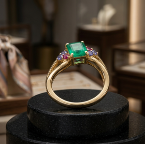 <b>Statement</b> Green Onyx <b>Ring</b> Octagon Cut Multi Stone Jewelry 925 Silver 18K Gold Plated Wedding Wear Gift for Her - Product Image 3