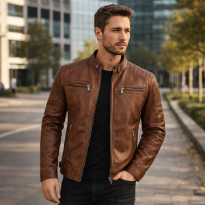 เสื้อแจ็คเก็ตหนังแท้ ของแท้สำหรับผู้ชาย สไตล์วินเทจ แจ็คเก็ตนักขี่มอเตอร์ไซค์ หนังวัวแท้คุณภาพสูง เสื้อโค้ทหนังแท้ - Product Image 2