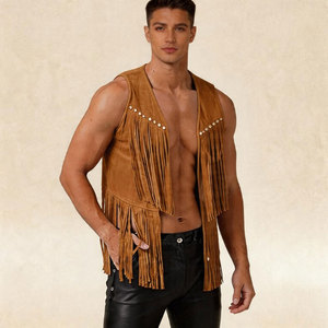 <b>Mens</b> Leather Cowboy Fringe Vest Western Sleeveless <b>Jacket</b> <b>Suede</b> Tassel Rodeo Biker Festival Supplier Premium OEM Apparel - Product Image 1
