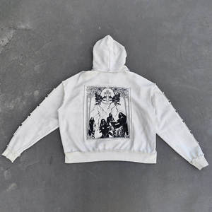 เสื้อฮู้ดดี้ผู้ชายไซส์ใหญ่ ซิปเต็มตัว แต่งตาข่ายลายดาว ปักอักษรหลายตัวที่แขนเสื้อ ขอบดิบ ดีไซน์ขาดๆ แบบพรีเมียม - Product Image 2
