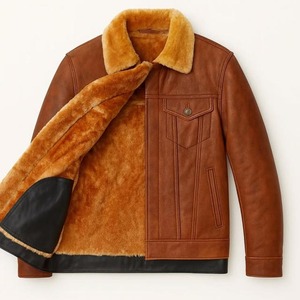 High Demand Men's Brown <b>Genuine</b> Leather Jacket With Faux Fur Lining Turn-down Collar Moto Biker Style Windproof Winter Wear - Product Image 1